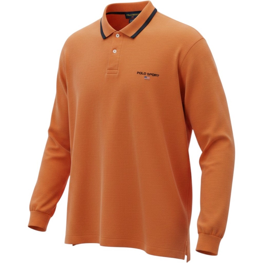 Polo Sport Ralph Lauren Long Sleeve Polo Shirt Orange Cotton Men XL Waffle Knit